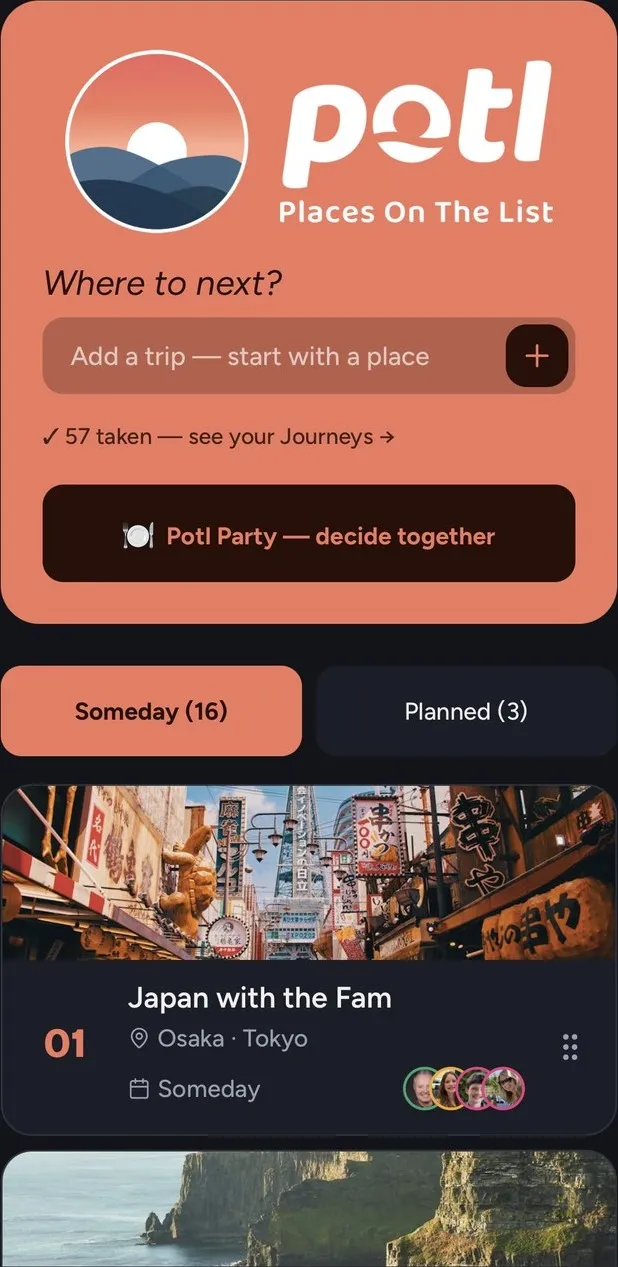 Potl app — Places On The List, Someday screen